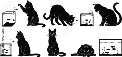 Cat silhouette vector set, playful kitten with fish tank, curious cat illustration, black animal graphic, pet artwork, creative design element