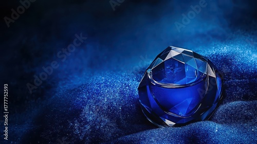 Elegant sapphire perfume bottle with reflective surface