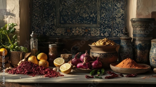 Ethnic Food Ingredients Arranged in a Rustic Kitchen Setting