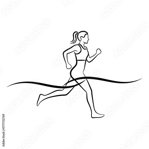 Female Runner line art outline crossing finish line