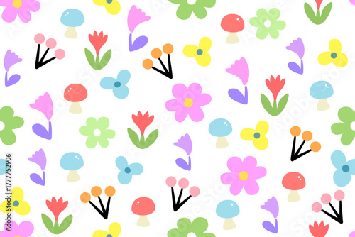 Hand drawn flowers backgrounds. Seamless patterns with floral for fabric, textiles, clothing, packaging, cover, banner, poster, interior decor. Vector illustration.
