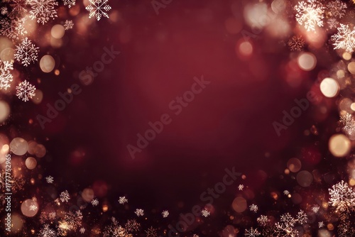 Festive burgundy background with sparkling snowflakes and golden bokeh lights creating a warm winter holiday atmosphere