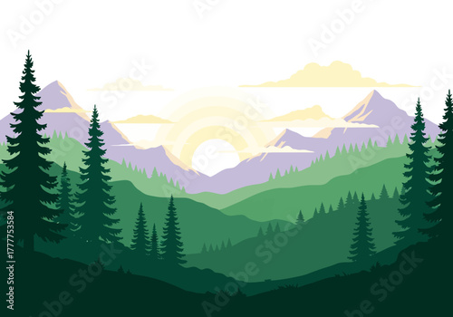 Layered mountain landscape with sunrise and evergreen forest silhouettes