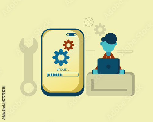 Illustration of a developer working on a laptop beside a smartphone showing a software update progress, symbolizing technology, innovation, and digital maintenance.
