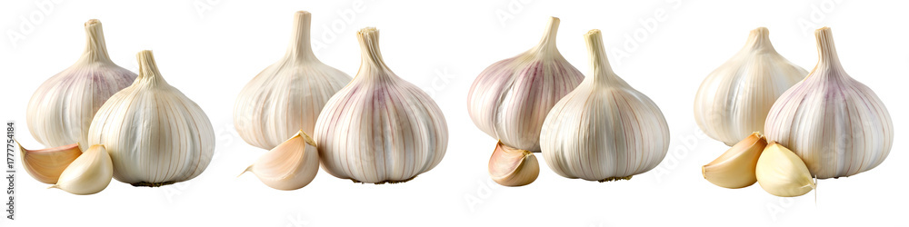Obraz premium Four garlic bulbs isolated on transparent background, closeup view