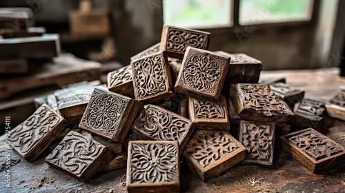 Intricately Carved Wooden Blocks Piled Up Displaying Fine Detail