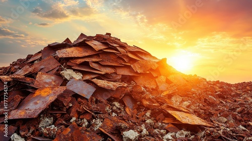 Jagged Mountain of Rusted Metal Plates against Sunset Sky