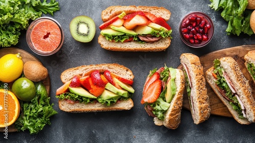 Overhead view of delicious gourmet sandwich spread with fresh fruit