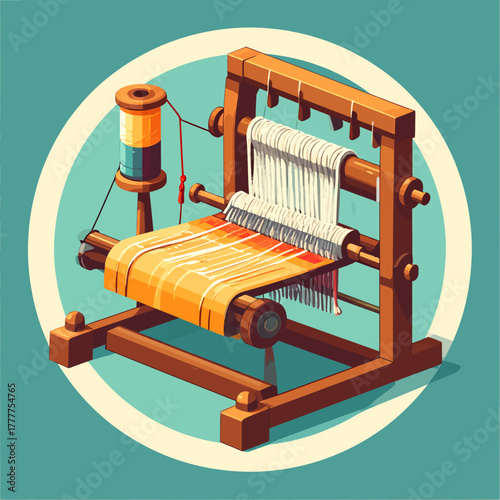 A stylized illustration showcasing a traditional wooden loom actively weaving vibrant striped fabric, representing the rich heritage of textile handicraft and artisan craft production