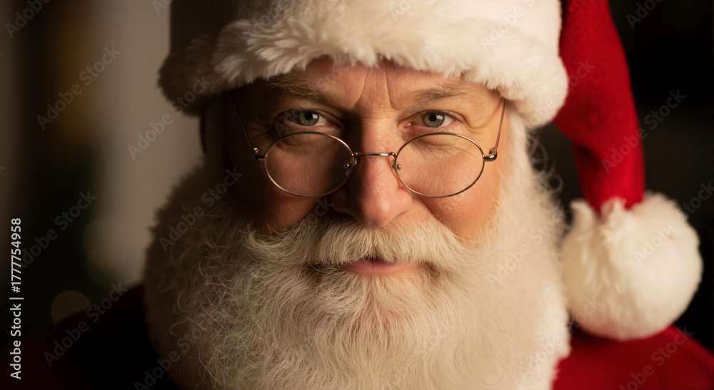 Obraz premium A close-up portrait of a traditional Santa Claus with a kind expression. Have you behaved well concept. Father Christmas