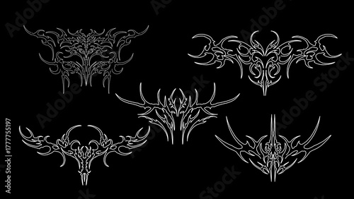 Neo tribal cyber sigilism dark streetwear elements, abstract shapes tattoo design symmetrical shapes 