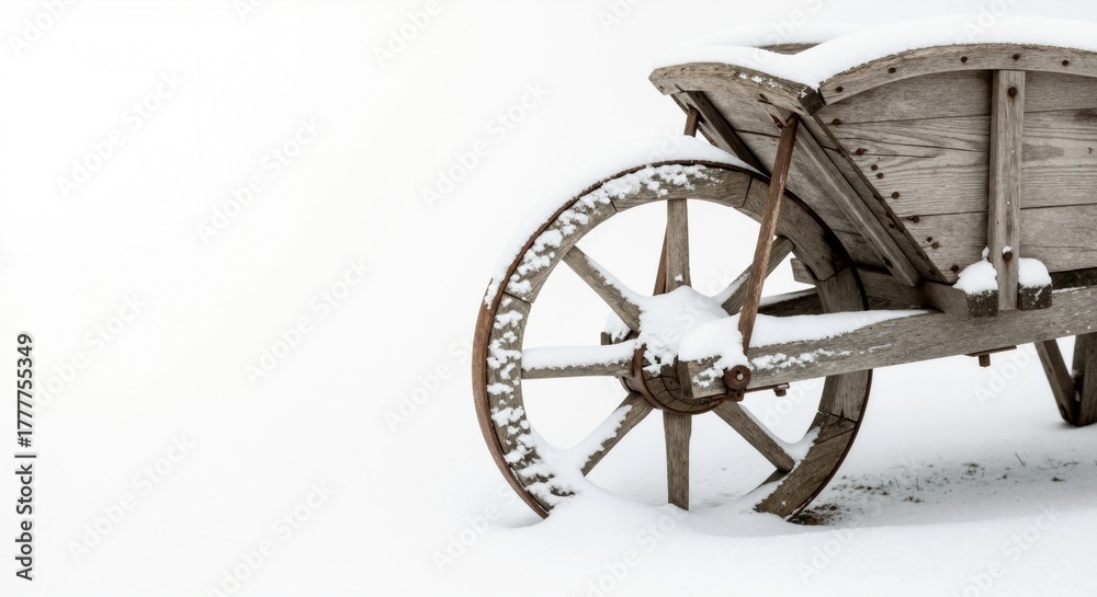 Fototapeta premium A rustic wooden cart wheel covered in snow during winter. Close-up of an antique wagon with a white background and copy space