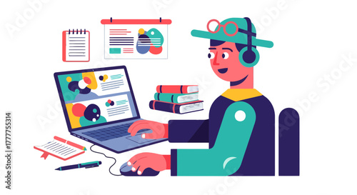 Online Learning Icon: Illustration Featuring Student With Laptop, Books, and Headphones
