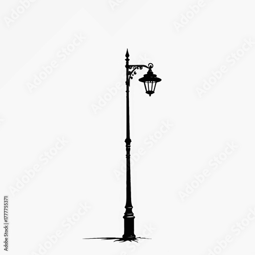Vintage street lamp silhouette icon. Classic black and white graphic drawing. Winter holiday and city night design element isolated on white background