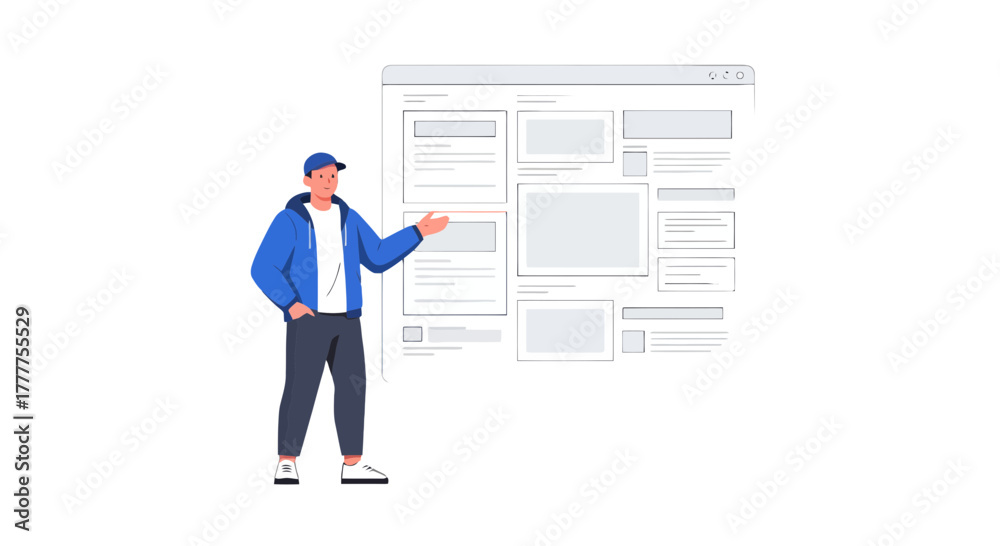 Fototapeta premium Online Presentation Illustration Featuring a Man Pointing to a Web Design Display
