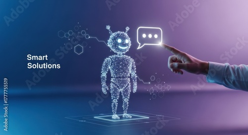Digital robot chatbot made glowing lines nodes, with speech bubble icon, activated human finger touch, for artificial intelligence, smart solutions, customer service, futuristic