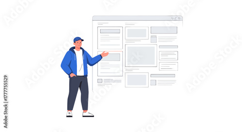 Online Presentation Illustration Featuring a Man Pointing to a Web Design Display