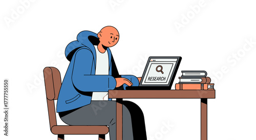 Online Research and Study Illustration with a Student Using Laptop Studying at Desk