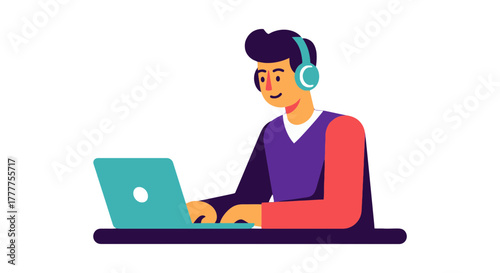 Online Worker Using Tech for Work, Headphones and Laptop Illustrated, On Black Background