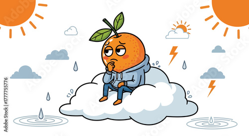 Orange Character Pondering on a Cloudy Day Reflecting a Sense of Sadness
