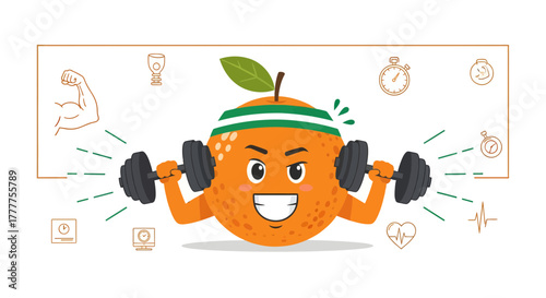 Orange Character Lifting Weights Displaying Fitness and Healthy Lifestyle Concept