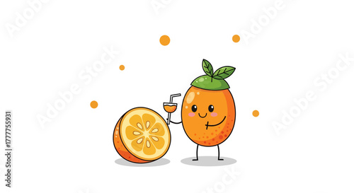 Orange Cartoon Character With Juice Celebrating Healthy Food And Drink Lifestyle