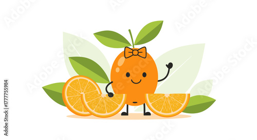 Orange Character With Bow And Slices, Funny Sweet Fruit Illustration On White