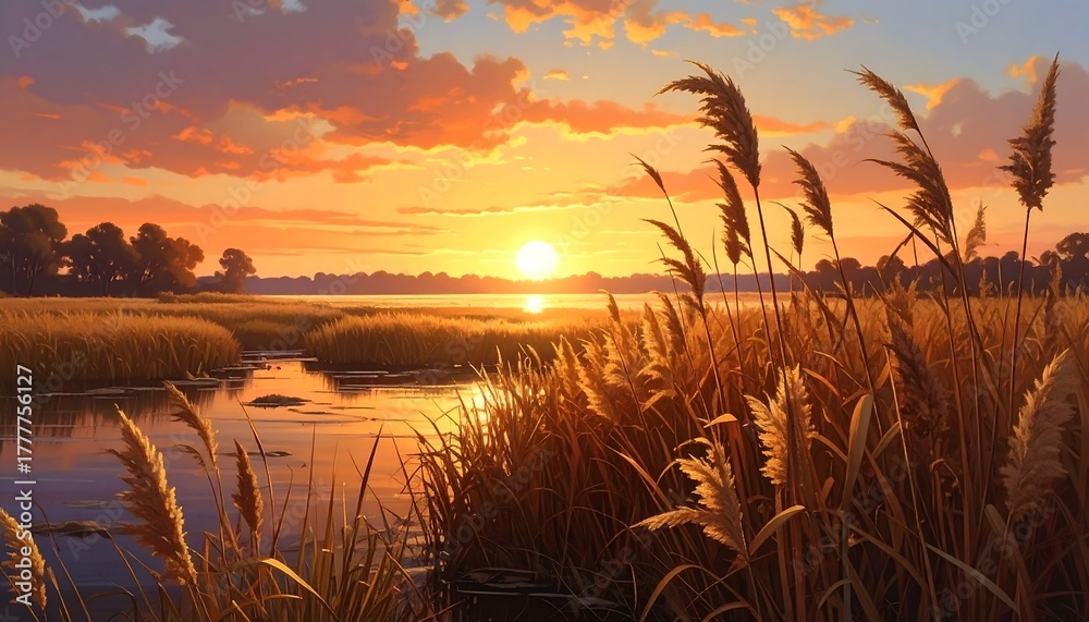 Fototapeta premium A serene marsh landscape at sunset. Golden grasses sway gently in the breeze, reflecting the warm hues of the sky and water