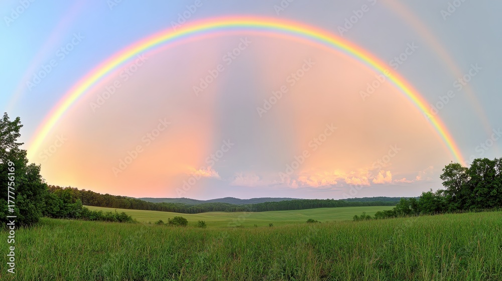 Fototapeta premium Rainbow arching over green rolling hills landscape