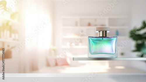Perfume bottle on a brushed aluminum shelf in a bright room