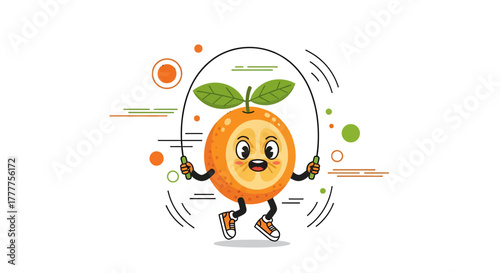 Orange Fruit Character Energetically Jumping Rope, Illustrating Fitness And Playfulness