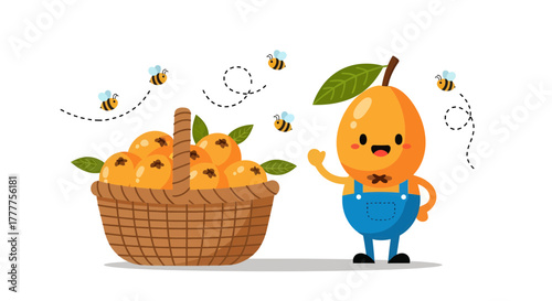 Orange Fruit Character Welcomes Busy Bees Near a Wicker Basket Filled with Oranges