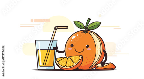 Orange Fruit Character Enjoying Orange Juice and Slice, Cute Illustration in Vector Style