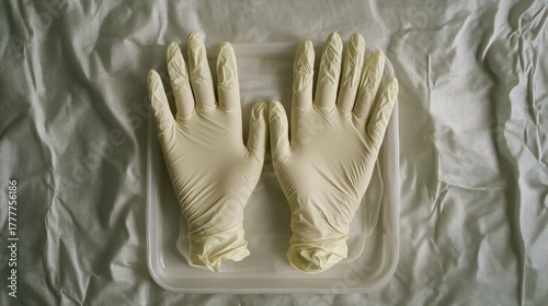Pair of latex gloves arranged neatly on a plastic tray