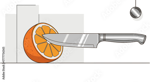 Orange Illuminated by Knife and Cutting, Minimalist Fruit Graphic Symbol Concept