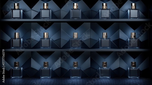 Perfume Bottles Displayed on a Dark Geometric Shelf