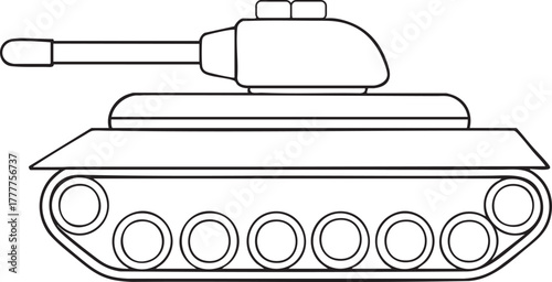 Military tank side profile line art illustration with turret and cannon for creative design use