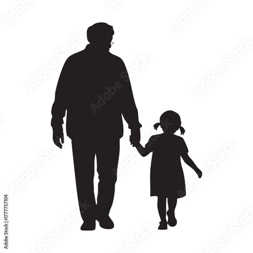Silhouette of a grandfather holding hands with his young granddaughter walking together