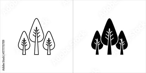 Stylized illustration of three trees, one outline and one filled silhouette