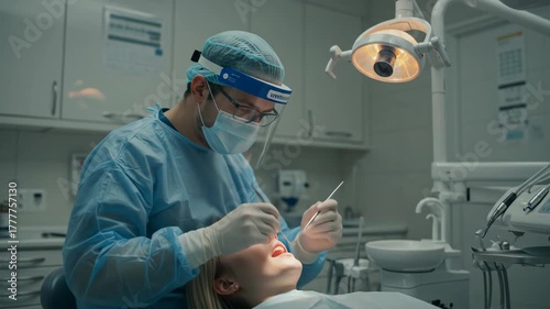 Dentist performing dental examination on patient in clinic.