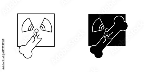 Symbol representing a broken bone with a radiation hazard warning, one outline and one filled silhouette