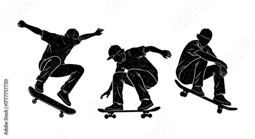 Silhouette Skateboarders Performing Tricks Dynamic Action and Urban Culture.