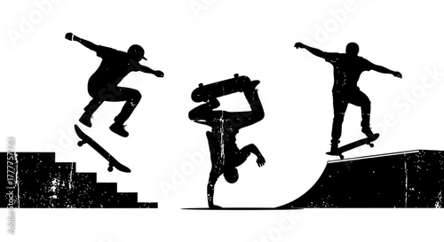 Silhouette Skateboarders Performing Tricks Urban Sports and Youth Culture.