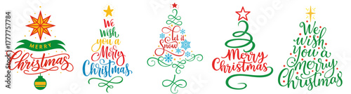Colorful Christmas tree lettering set — festive calligraphy quotes shaped as trees with stars and ornaments in red, green, and gold