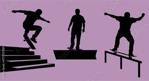 Skateboarders Performing Tricks Silhouettes of Urban Skateboarding.