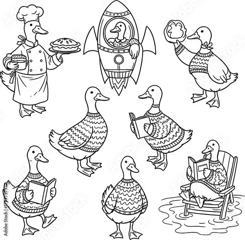 Collection of whimsical cartoon ducks in various costumes and scenarios isolated on white background