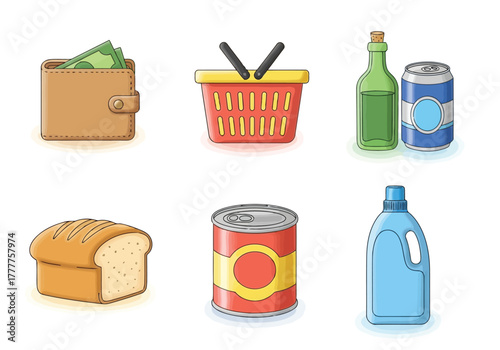 A collection of colorful vector icons representing grocery shopping, consumer goods, and daily essentials for commerce