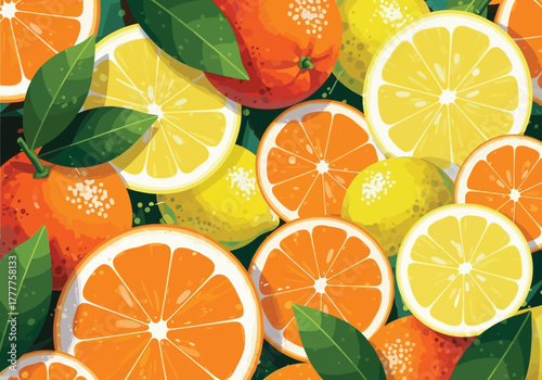 Vibrant summer illustration of juicy sliced oranges and zesty lemons in a seamless pattern with fresh green leaves