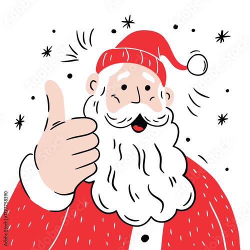 Playful vector illustration of Santa Claus giving a thumbs up, smiling cheerfully and dressed in his traditional red outfit. Simple flat cartoon style with clean lines and minimal color palette.