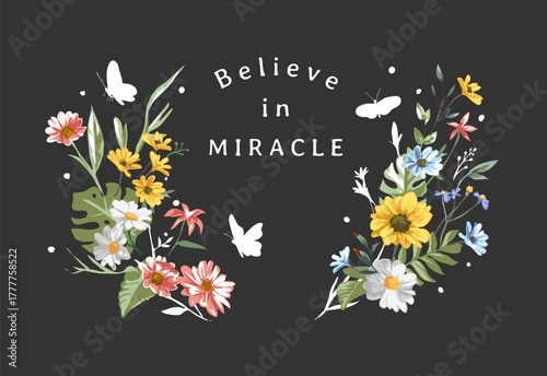 miracle slogan with colorful flower wreath - drawn by hand